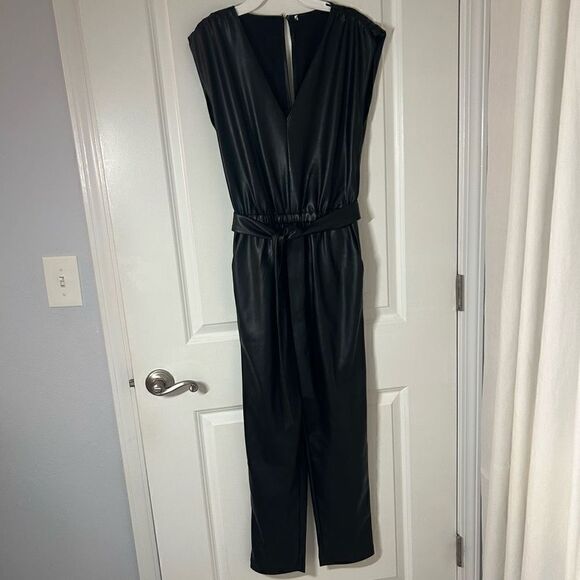 None Tops - Women’s Black Faux Leather Sleeveless Jumper